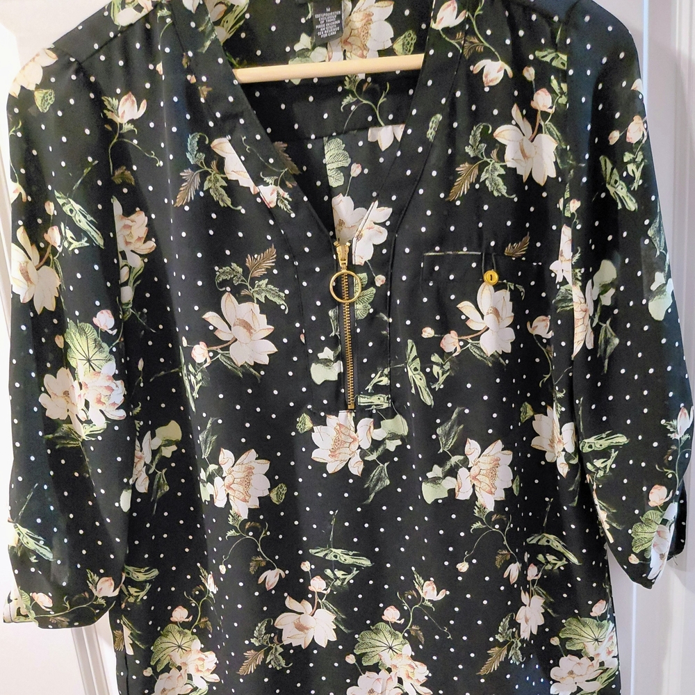 Justify Black Floral V-Neck Blouse with Cream Flowers and Green Leaves